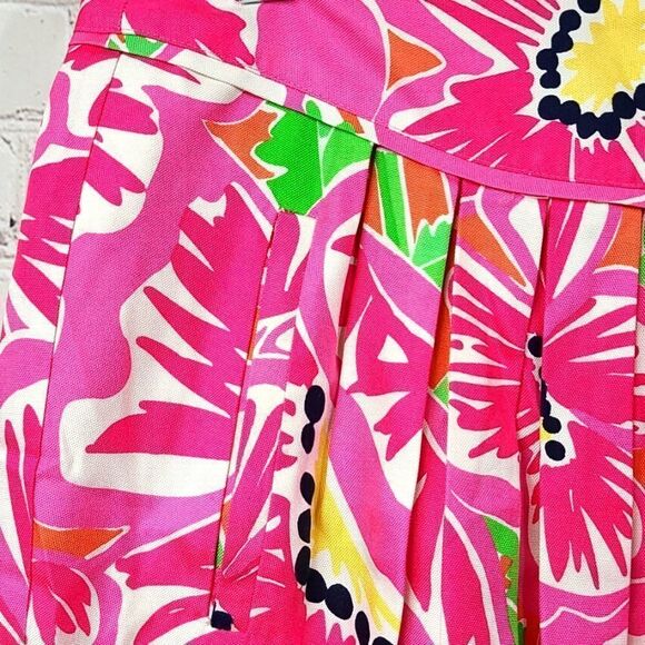 Lilly Pulitzer 100% Silk Pink Floral Mini Skirt Pleated A-line Fayette Oxford - Picture 3 of 11
